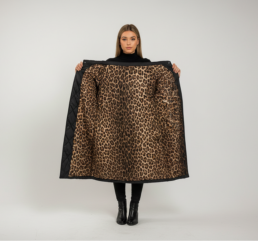 Cappotto imbottito premium con fodera a stampa leopardata