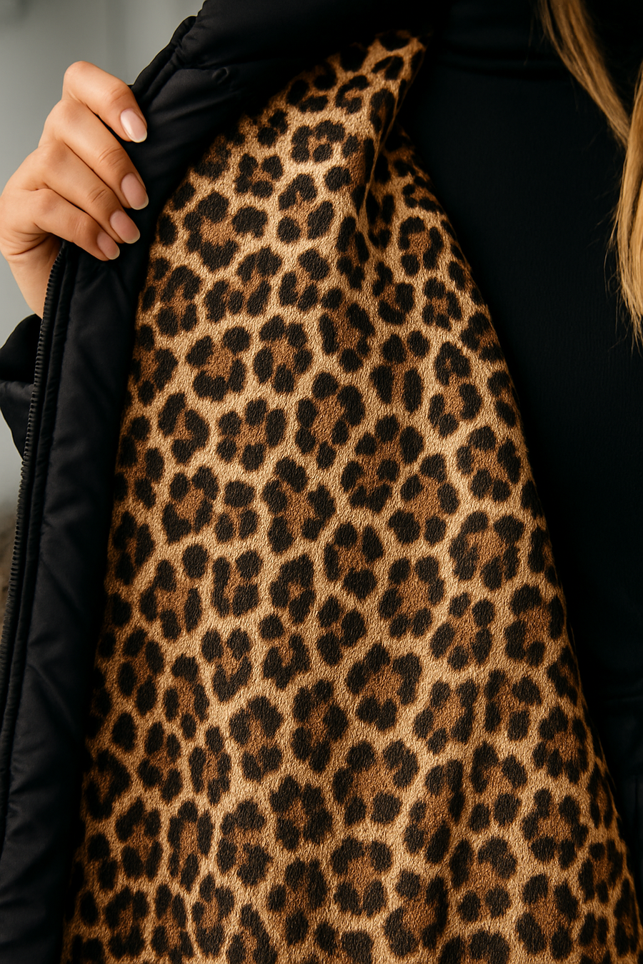 Cappotto imbottito premium con fodera a stampa leopardata