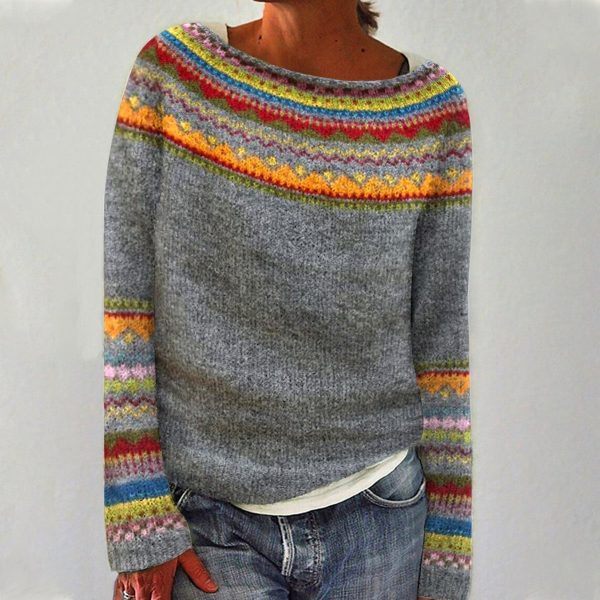 Sylvie | Maglione grigio con motivo multicolore