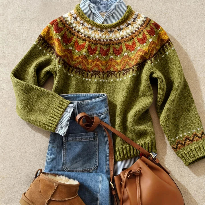 Michèle | Maglione verde oliva con motivo ocra