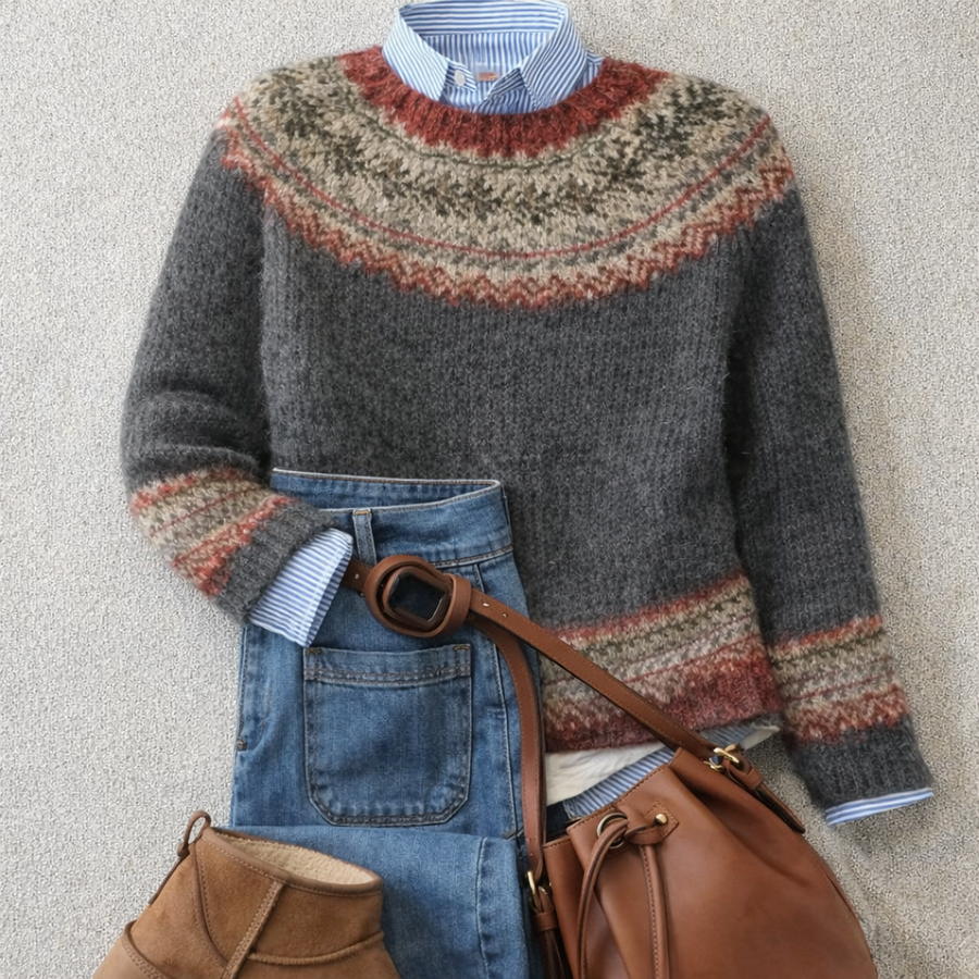 Monique | Maglione grigio con motivo color terracotta