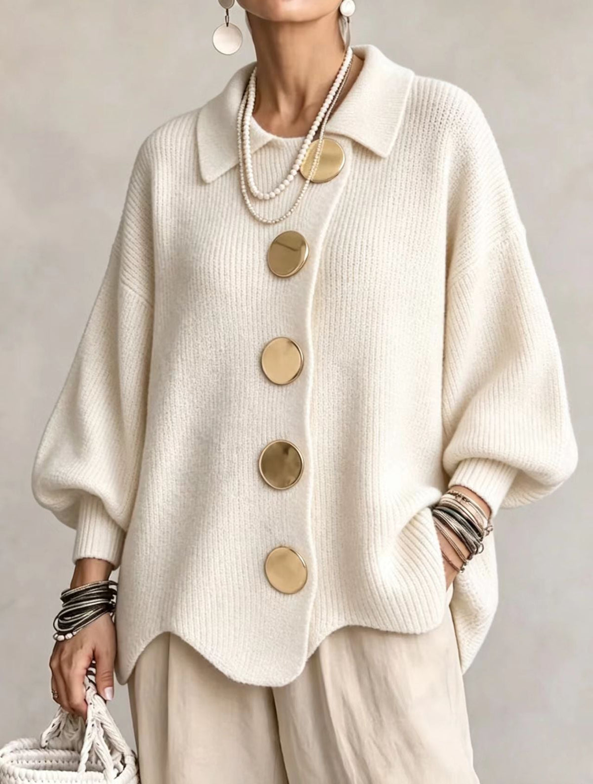 FOSCARI LABEL | CARDIGAN OVERSIZE CON COLLETTO E GRANDI BOTTONI METALLICI
