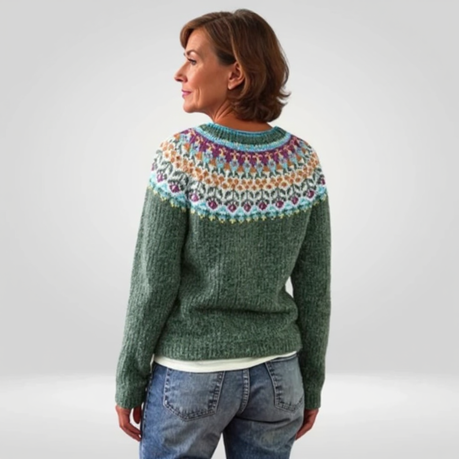 Véronique | Maglione verde salvia con motivo colorato